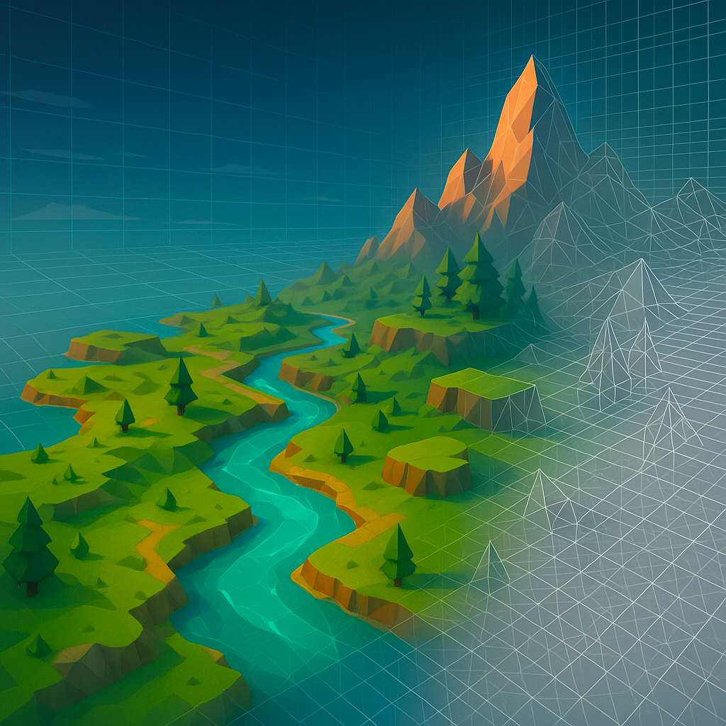 3D mesh visualization representing Nanware's creative technology approach - abstract landscape modeling showcasing the intersection of code and art