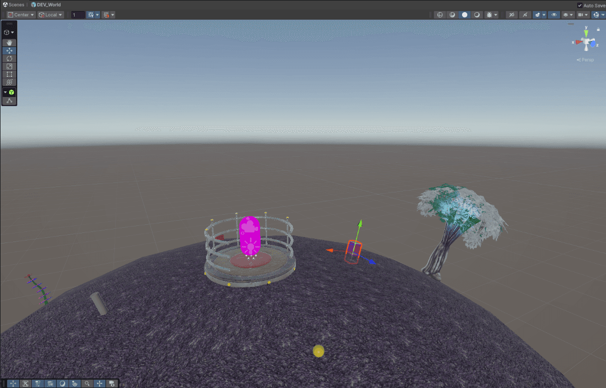 The first development planet taking shape in the Unity editor, with the extraction point beam and a lonely tree