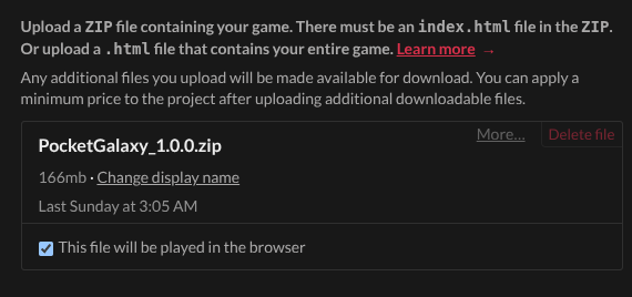 Upload screenshot from Itch.io publishing