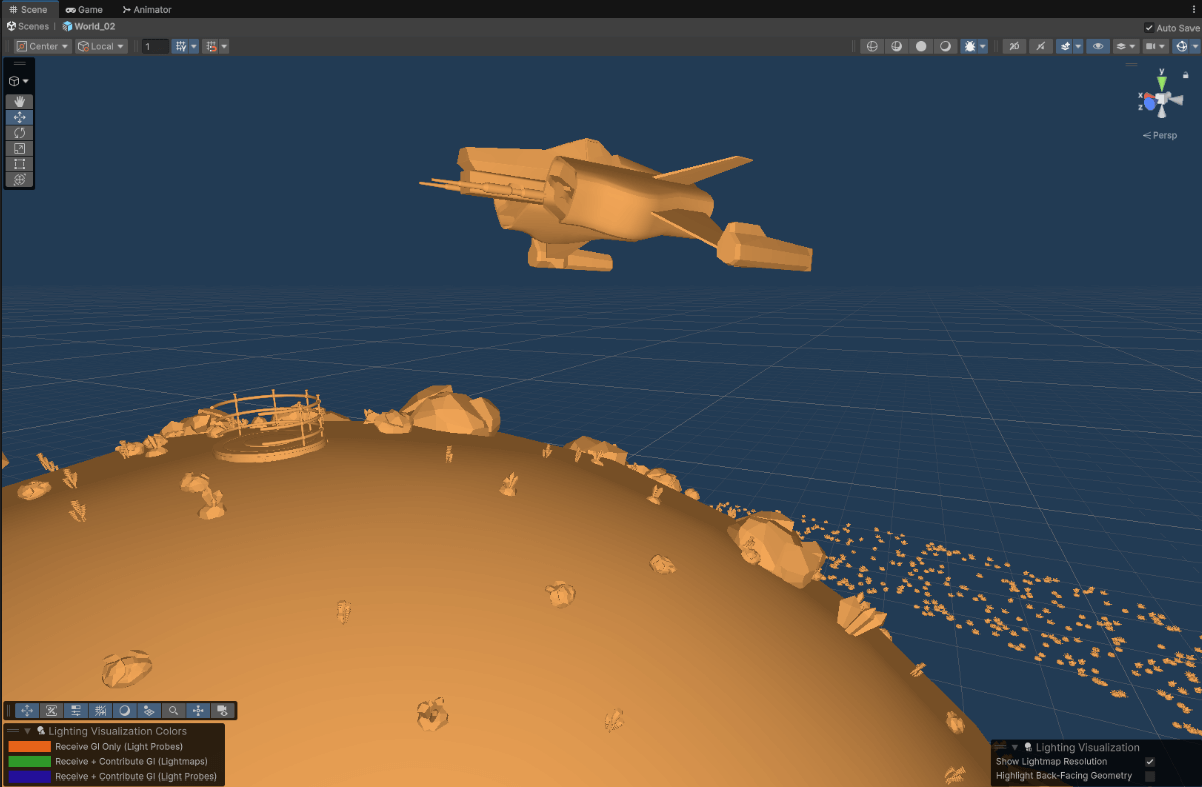 World 2 taking shape: lighting pass on the planet surface with vegetation distribution and the ship hovering above