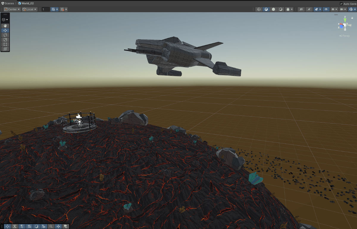 World 2 during the polishing pass: dark volcanic terrain with the ship overhead